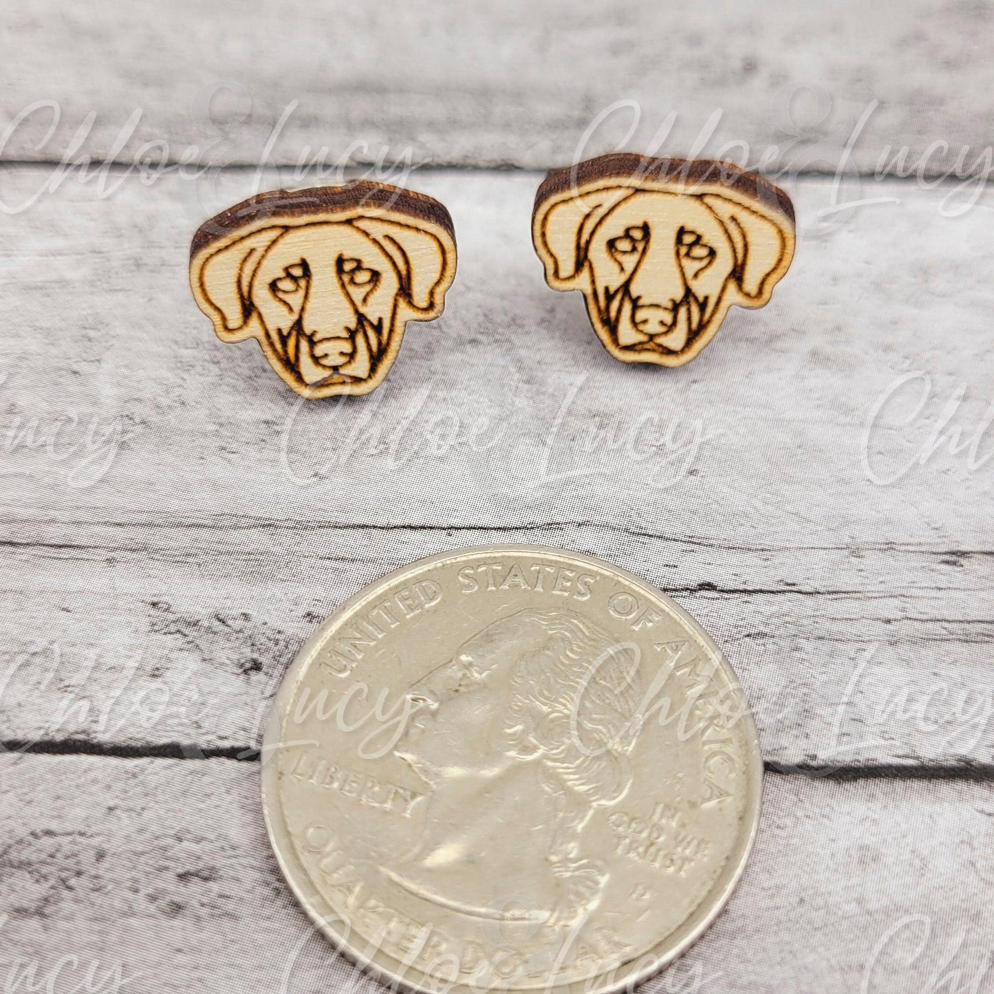 Laser engraved dog face wood stud earrings next to a US quarter for size comparison