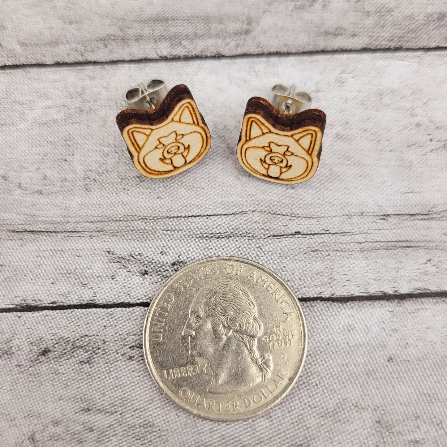 Akita Inu Wood Stud Earrings, Minimalist Dog Mom Jewelry, Japanese Akitainu Gift