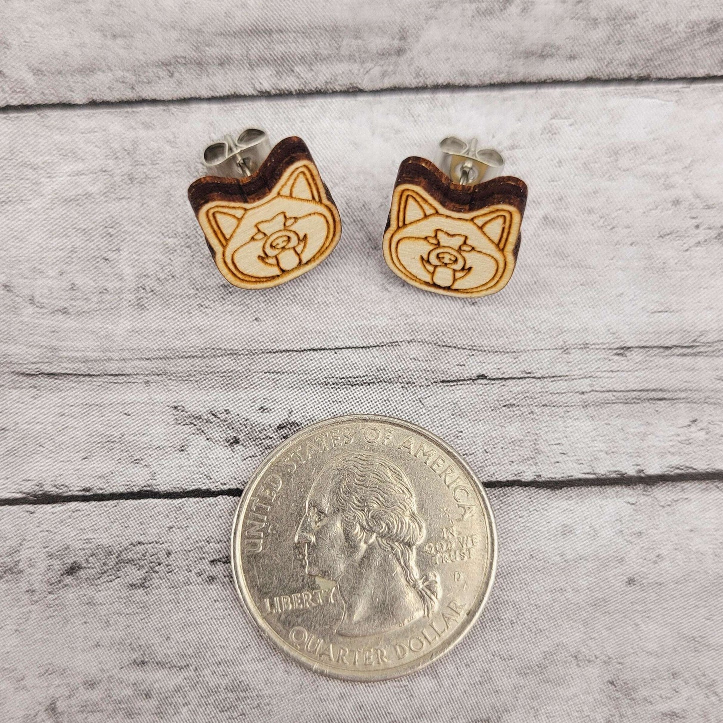 Akita Inu Wood Stud Earrings, Minimalist Dog Mom Jewelry, Japanese Akitainu Gift