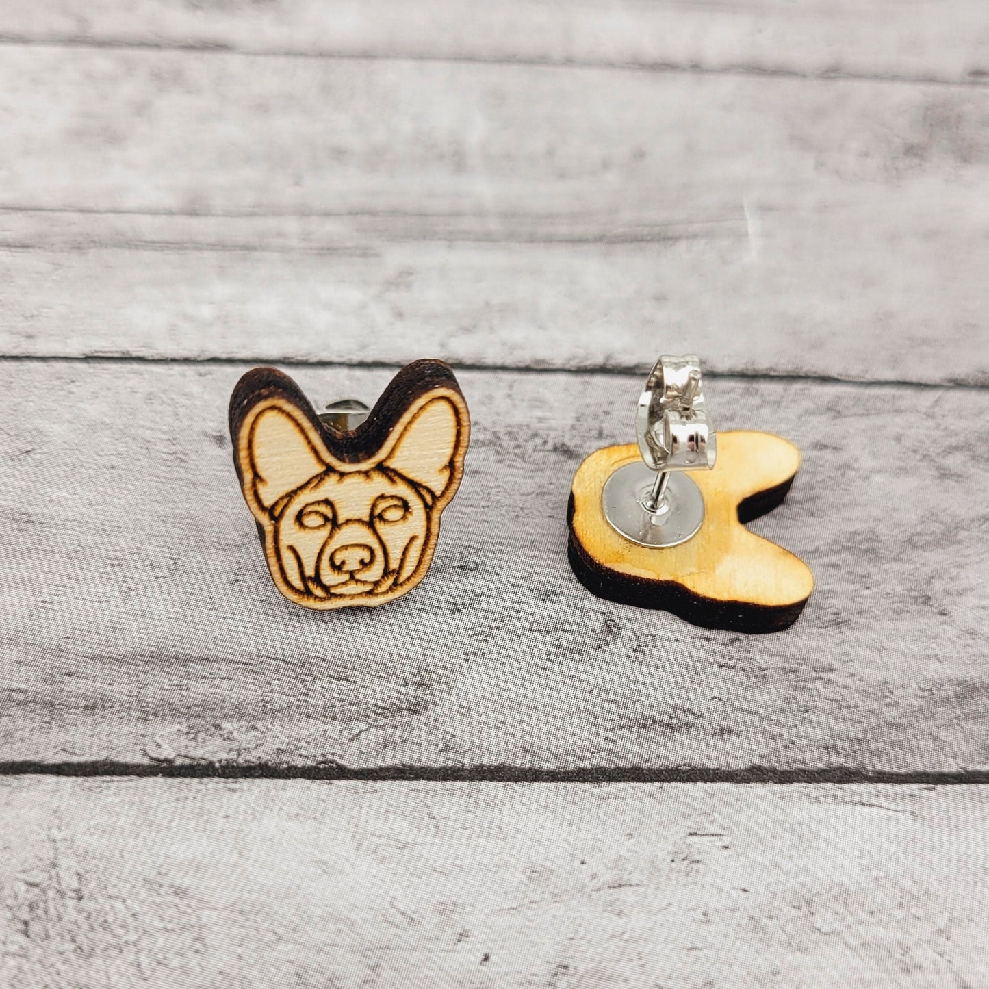 Basenji Stud Earrings for Dog Moms in Stainless Steel and Wood
