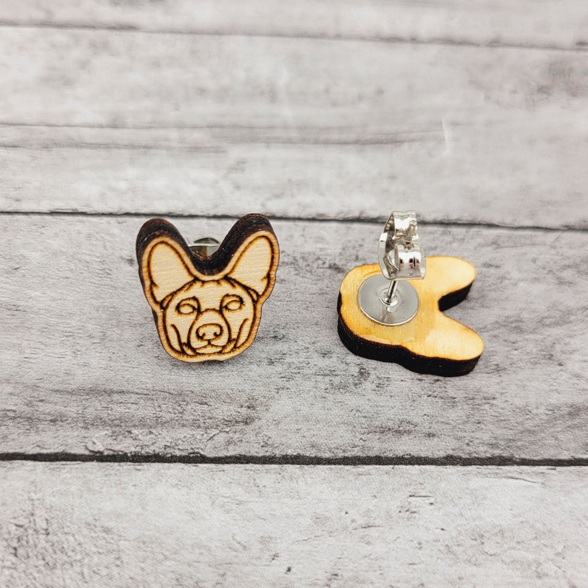 Basenji Stud Earrings for Dog Moms in Stainless Steel and Wood