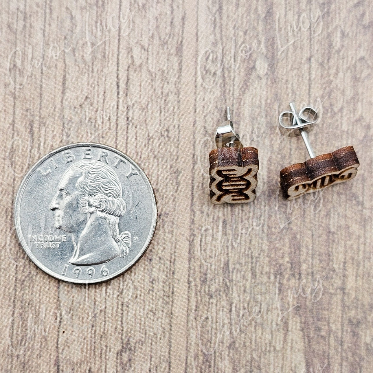 Wooden DNA Helix Stud Earrings, Science Biology Geek Accessory