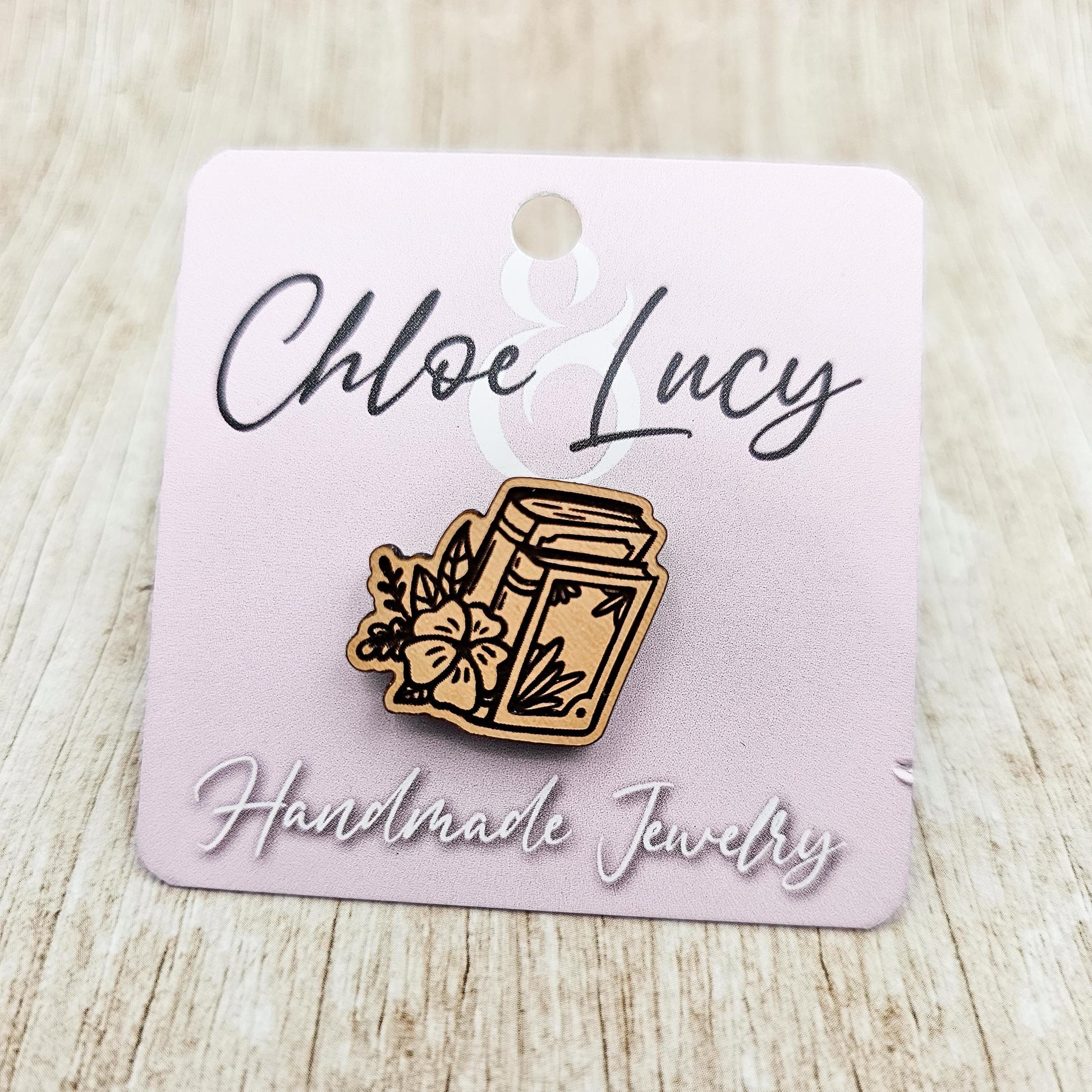 Books and Flowers | Lapel Pin | Book Lover | Bookshelf Brooch | Cozy Reader Button | Wood Lapel Pin