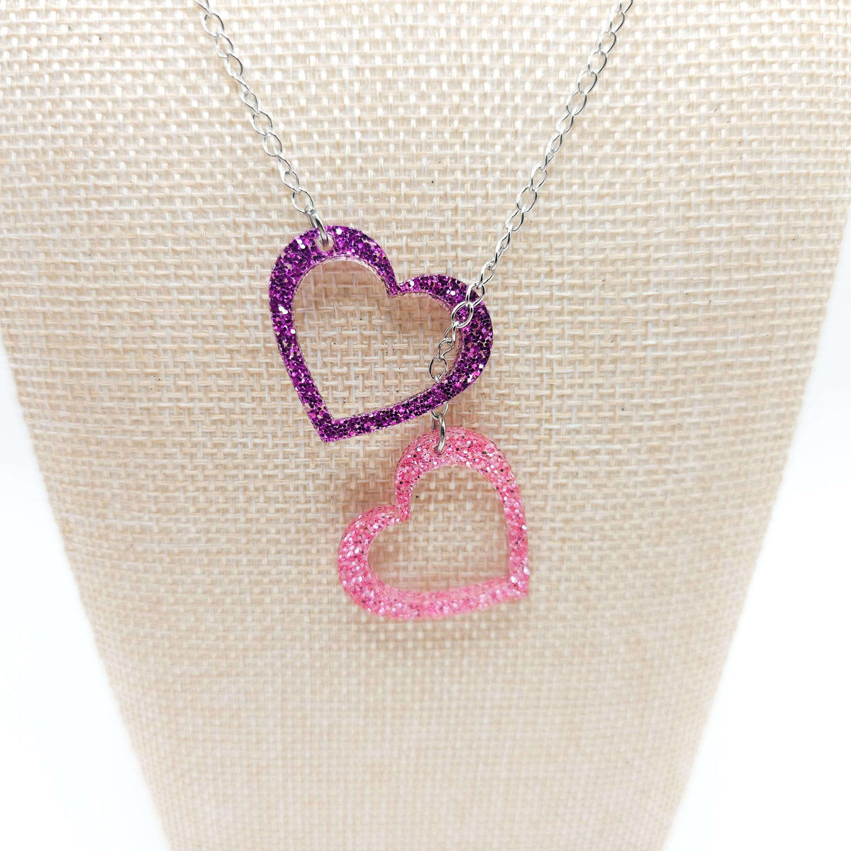 Purple & Pink Glitter Heart Necklace, Double Acrylic Heart Pendant, Adjustable Stainless Steel Chain Jewelry, Cute Gift for Her