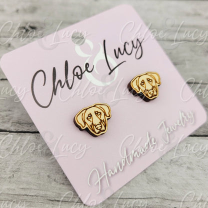 Dog face wood stud earrings on light pink handmade jewelry card