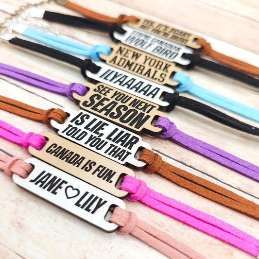 Heated Rivalry Inspired Bracelets | Engraved wood links with faux suede bands