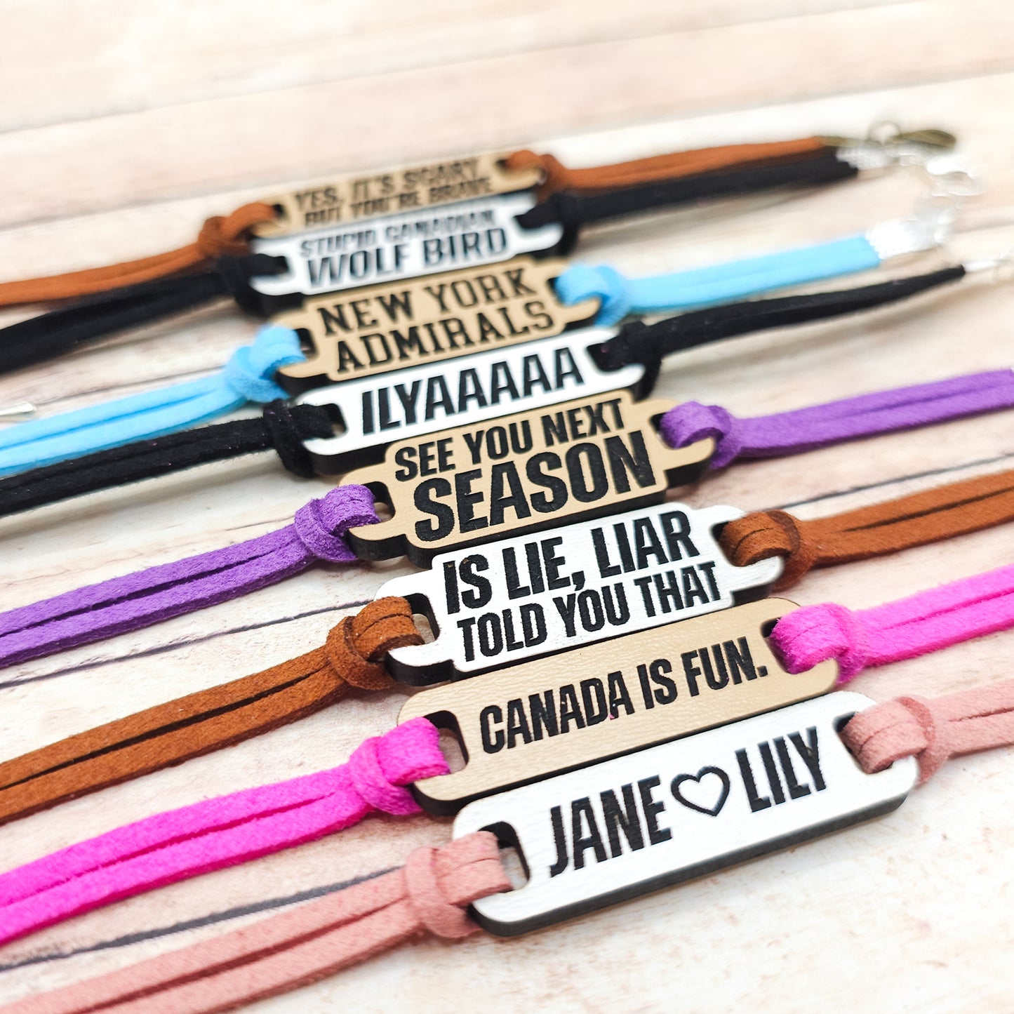 Heated Rivalry Inspired Bracelets | Engraved wood links with faux suede bands