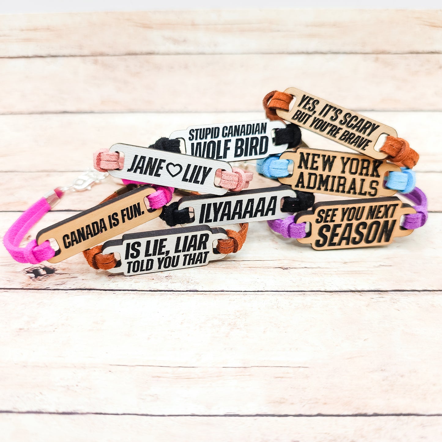 Heated Rivalry Inspired Bracelets | Engraved wood links with faux suede bands