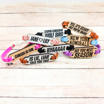 Heated Rivalry Inspired Bracelets | Engraved wood links with faux suede bands