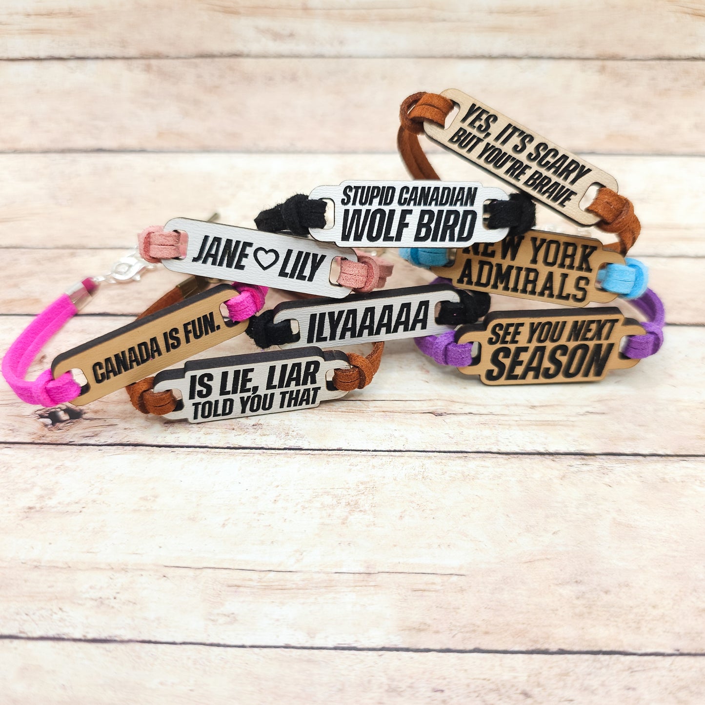 Heated Rivalry Inspired Bracelets | Engraved wood links with faux suede bands