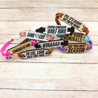 Heated Rivalry Inspired Bracelets | Engraved wood links with faux suede bands