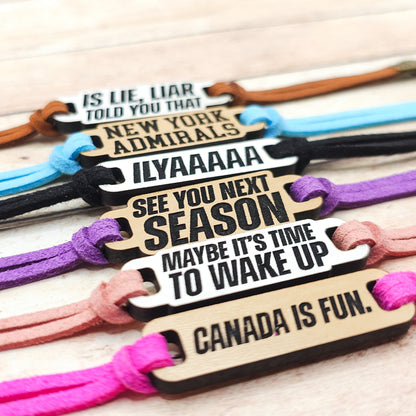 Heated Rivalry Inspired Bracelets | Engraved wood links with faux suede bands