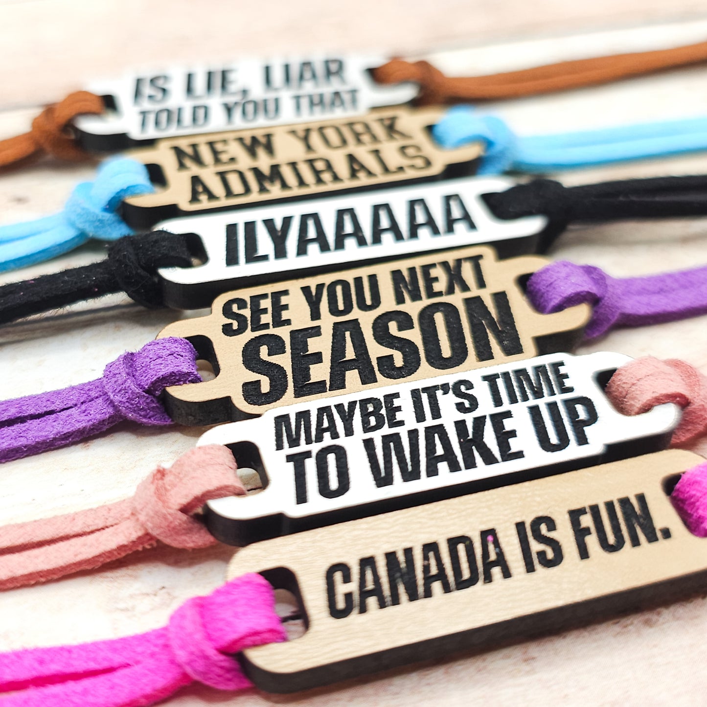 Heated Rivalry Inspired Bracelets | Engraved wood links with faux suede bands