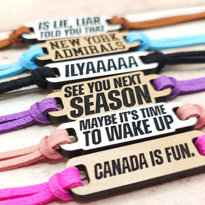 Heated Rivalry Inspired Bracelets | Engraved wood links with faux suede bands