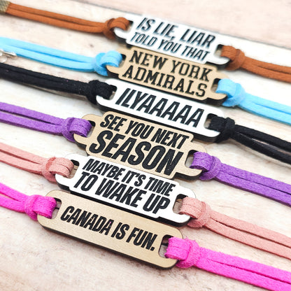 Heated Rivalry Inspired Bracelets | Engraved wood links with faux suede bands