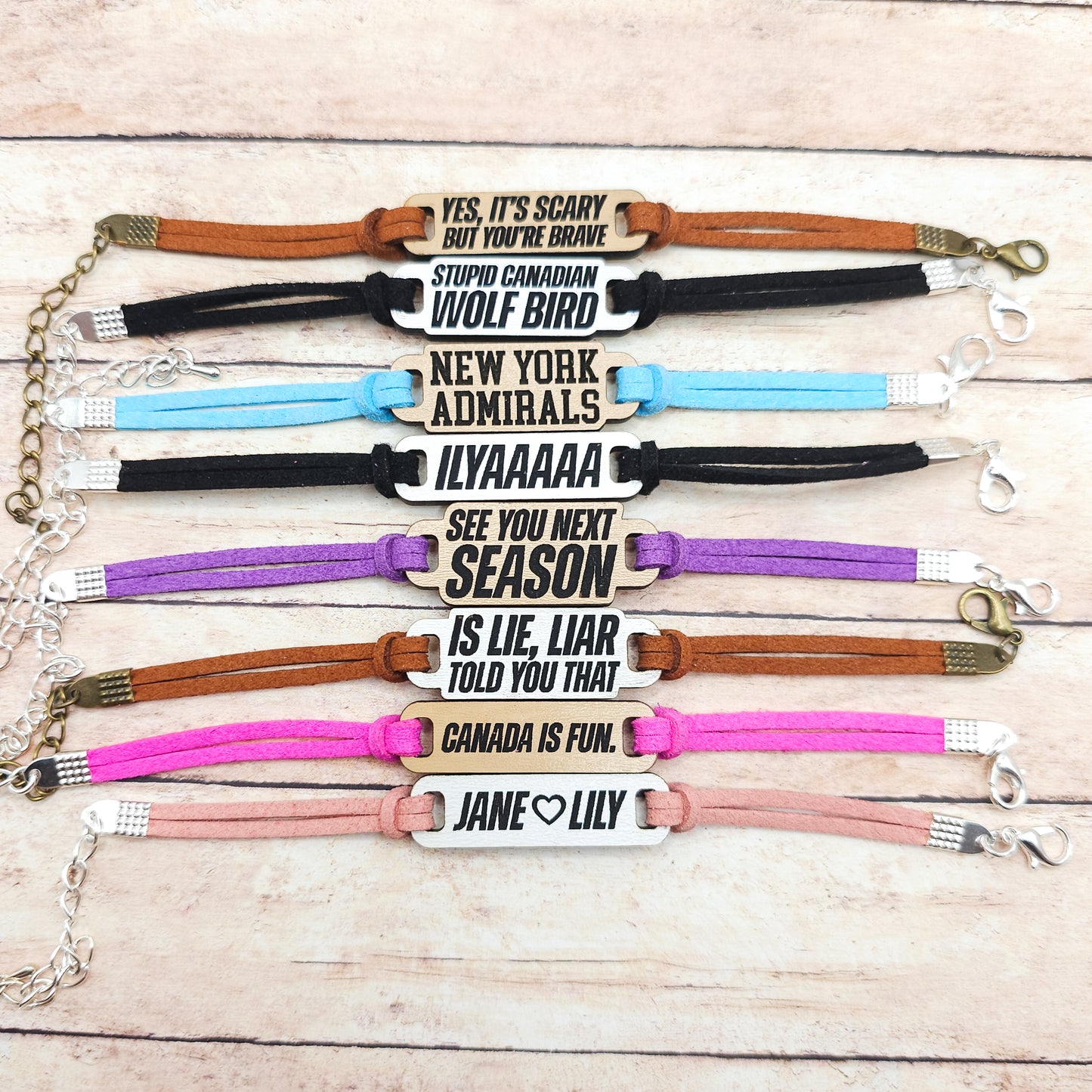 Heated Rivalry Inspired Bracelets | Engraved wood links with faux suede bands