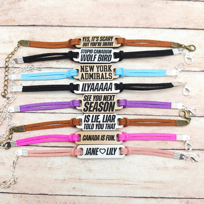 Heated Rivalry Inspired Bracelets | Engraved wood links with faux suede bands