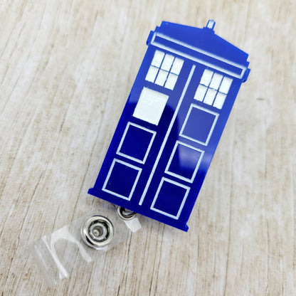 Blue Police Box Acrylic Badge Reel | Sci-Fi ID Holder