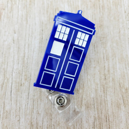 Blue Police Box Acrylic Badge Reel | Sci-Fi ID Holder