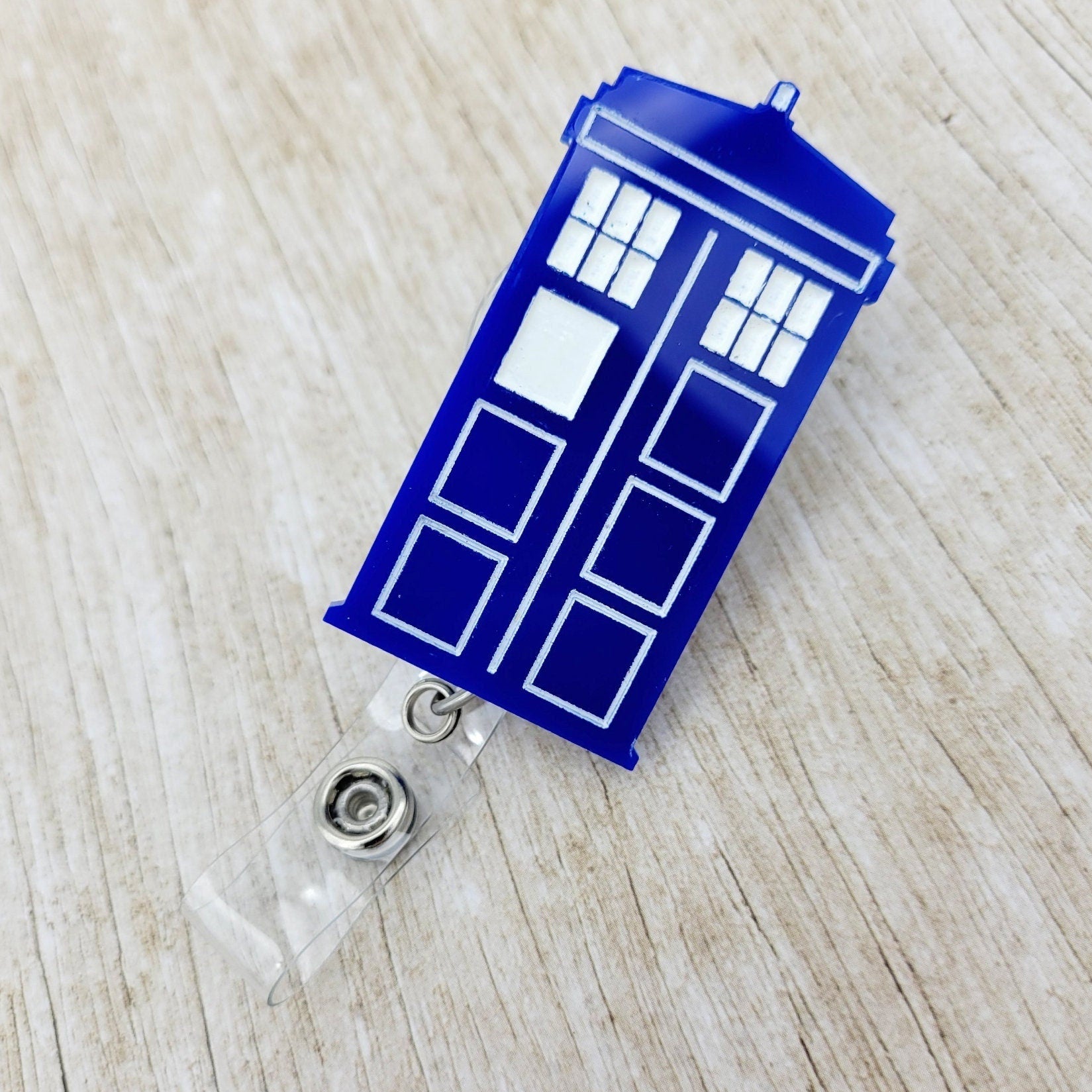Blue Police Box Acrylic Badge Reel | Sci-Fi ID Holder