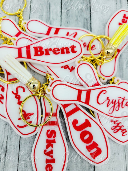 Personalized Bowling Pin Keychain, Custom Engraved Team Gift