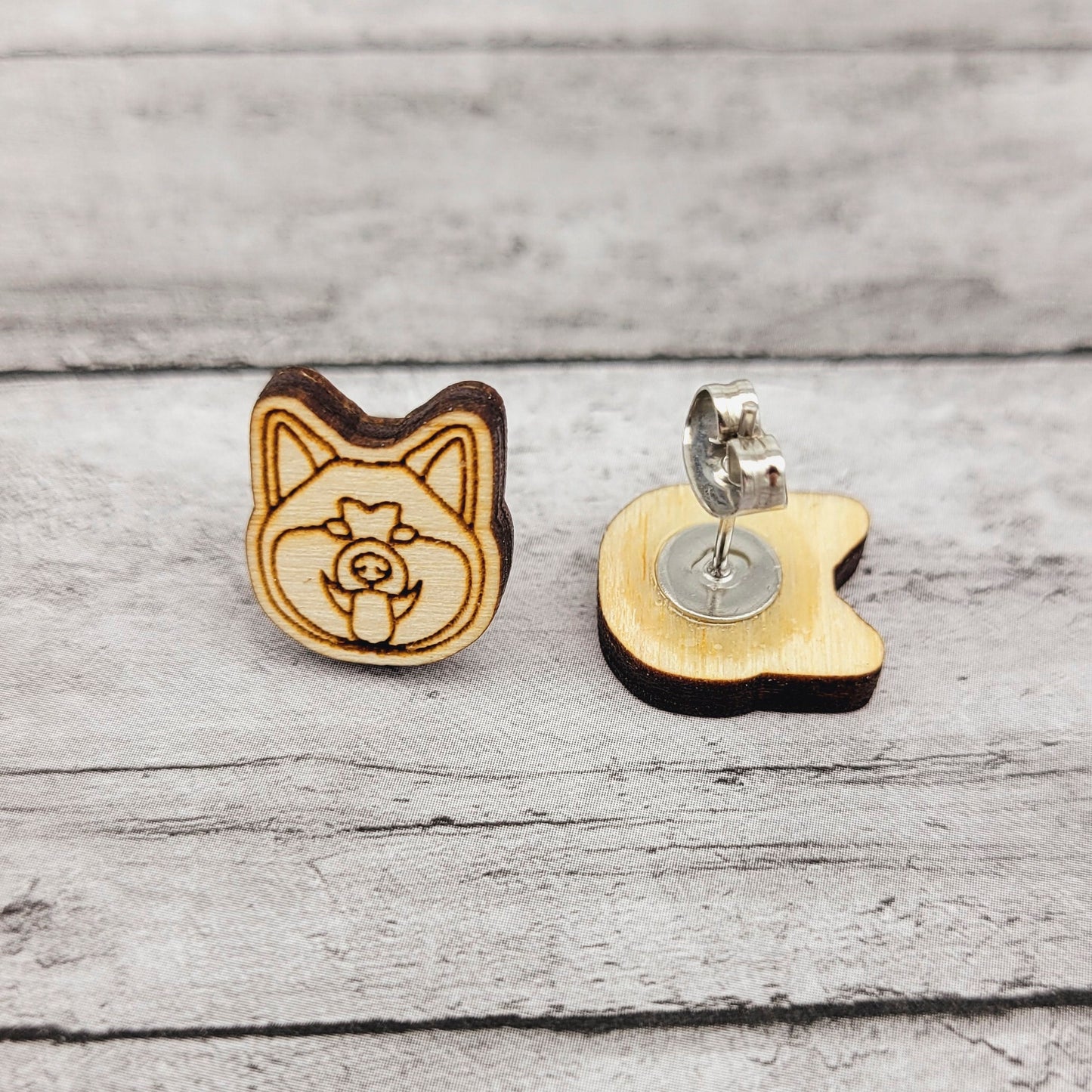 Akita Inu Wood Stud Earrings, Minimalist Dog Mom Jewelry, Japanese Akitainu Gift