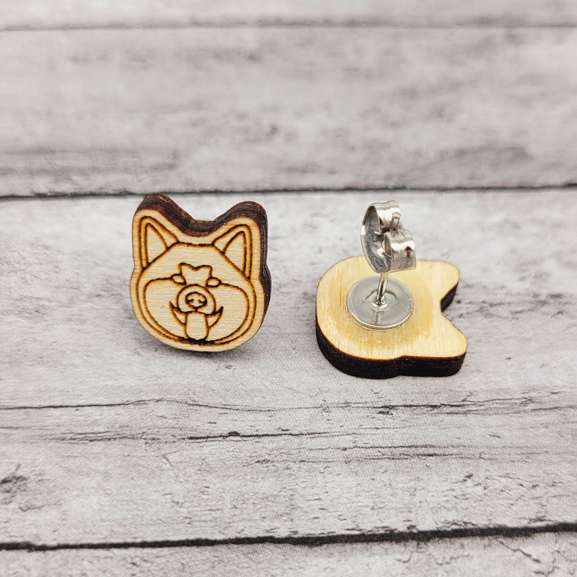 Akita Inu Wood Stud Earrings, Minimalist Dog Mom Jewelry, Japanese Akitainu Gift