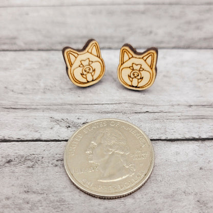 Akita Inu Wood Stud Earrings, Minimalist Dog Mom Jewelry, Japanese Akitainu Gift