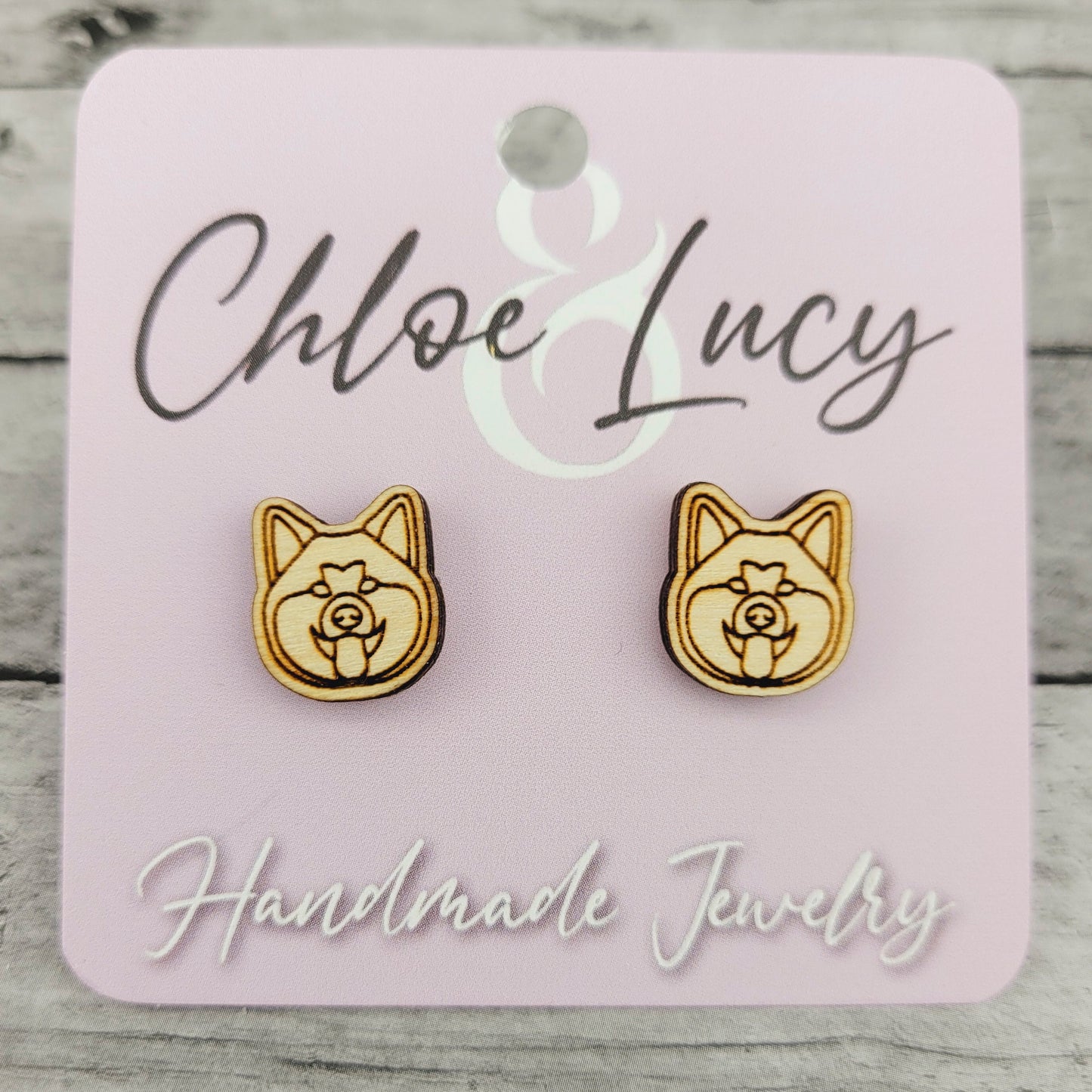 Akita Inu Wood Stud Earrings, Minimalist Dog Mom Jewelry, Japanese Akitainu Gift