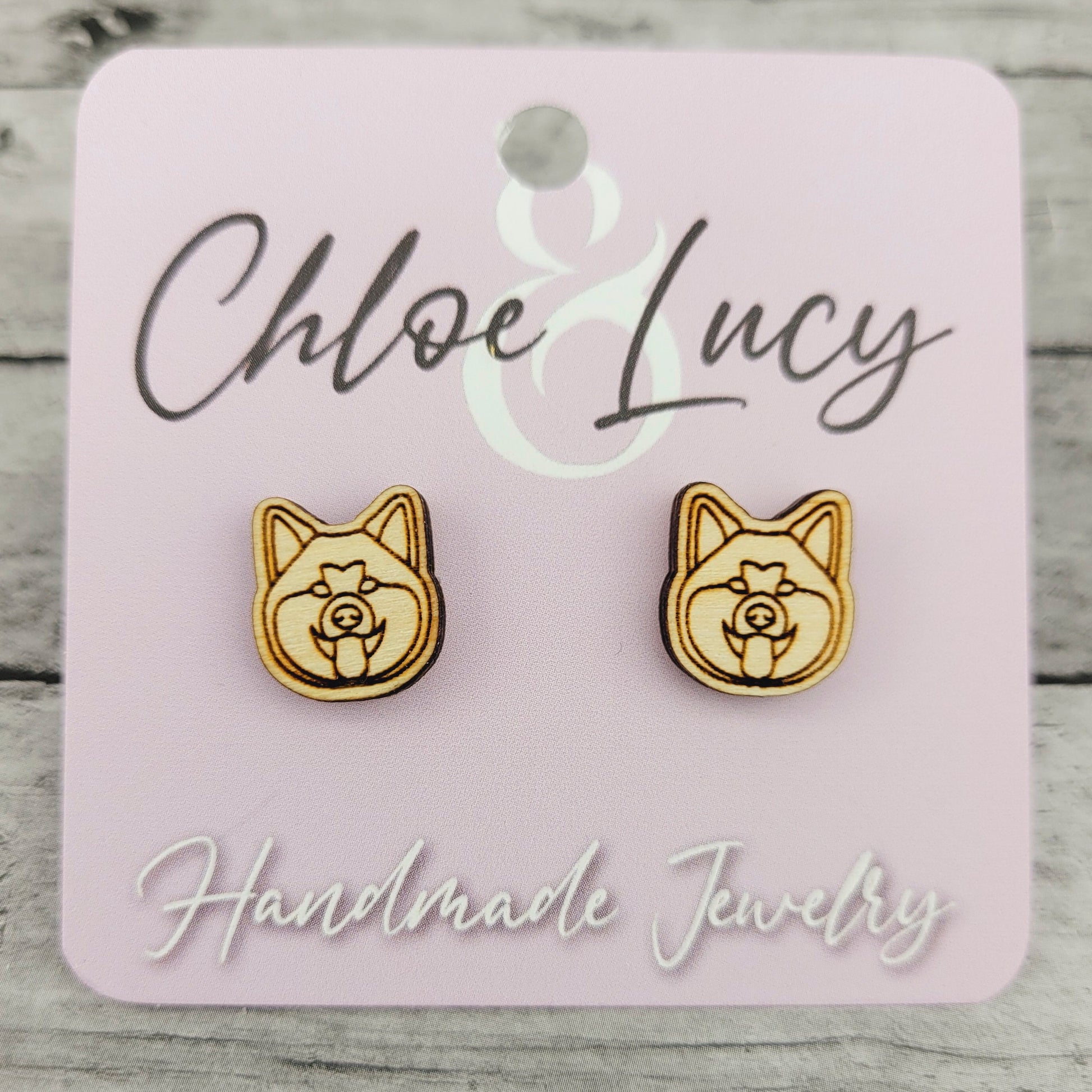 Akita Inu Wood Stud Earrings, Minimalist Dog Mom Jewelry, Japanese Akitainu Gift