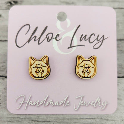 Akita Inu Wood Stud Earrings, Minimalist Dog Mom Jewelry, Japanese Akitainu Gift