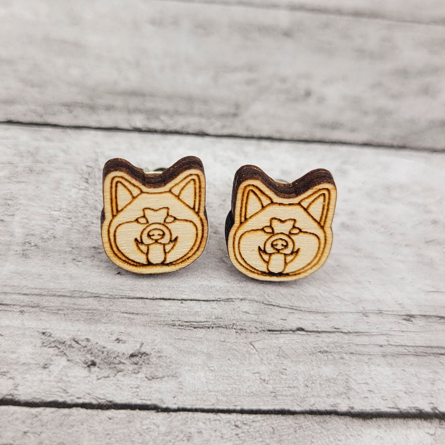 Akita Inu Wood Stud Earrings, Minimalist Dog Mom Jewelry, Japanese Akitainu Gift