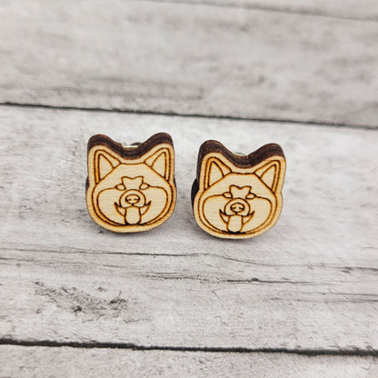 Akita Inu Wood Stud Earrings, Minimalist Dog Mom Jewelry, Japanese Akitainu Gift