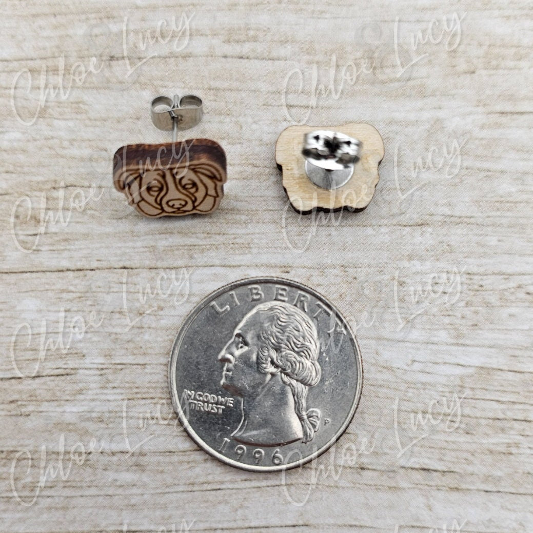 Australian Shepherd Stud Earrings, Raw Wood Aussie Pup Jewelry