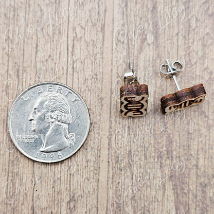 Wooden DNA Helix Stud Earrings, Science Biology Geek Accessory