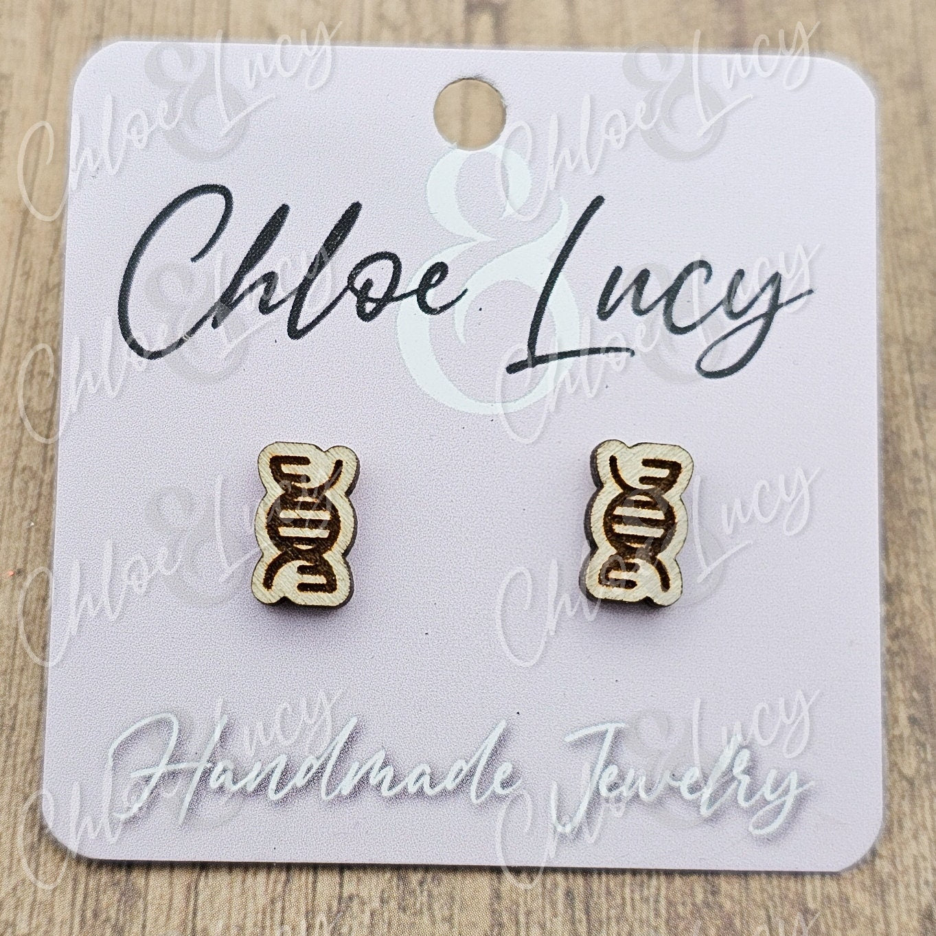 Wooden DNA Helix Stud Earrings, Science Biology Geek Accessory