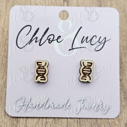 Wooden DNA Helix Stud Earrings, Science Biology Geek Accessory
