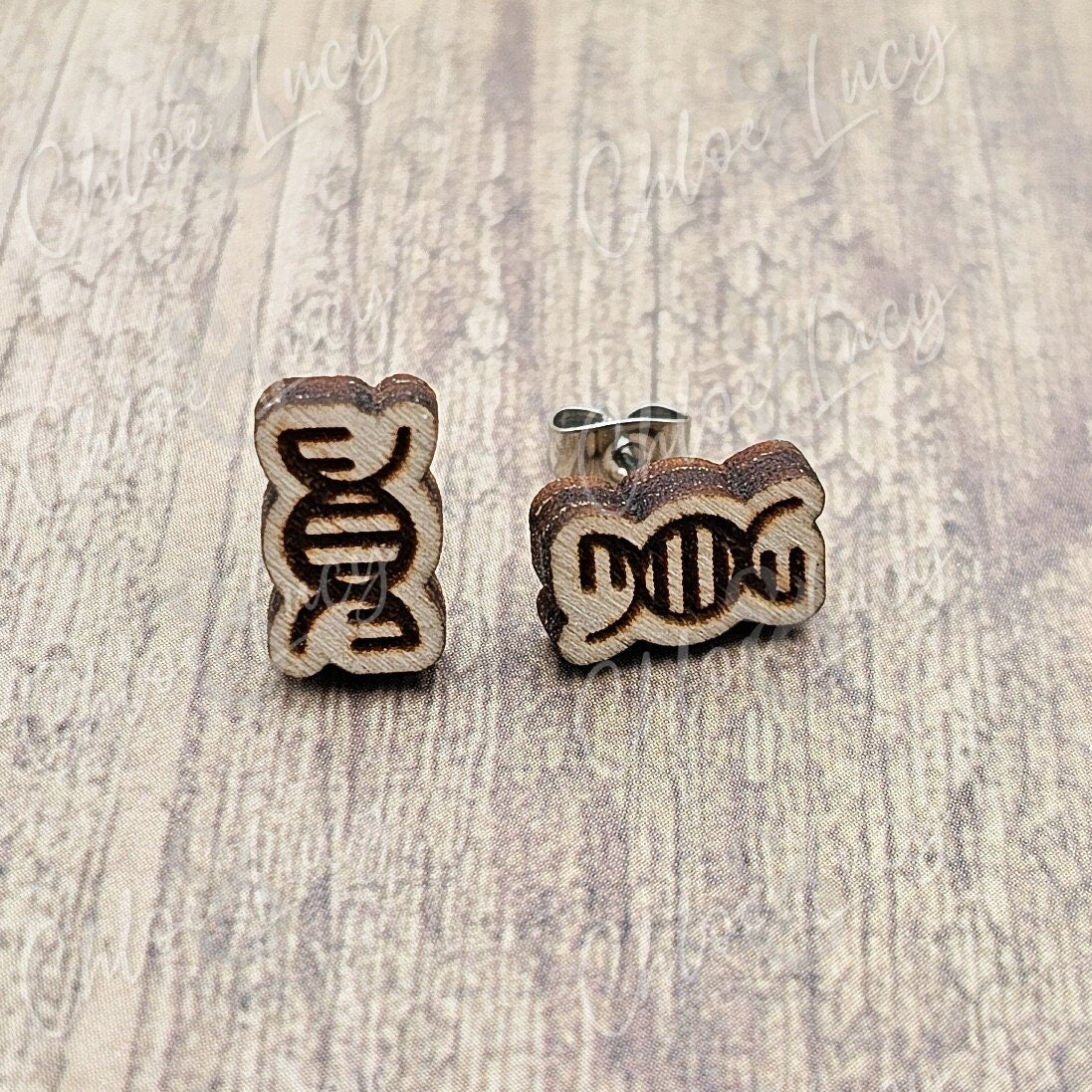 Wooden DNA Helix Stud Earrings, Science Biology Geek Accessory