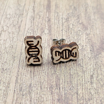 Wooden DNA Helix Stud Earrings, Science Biology Geek Accessory