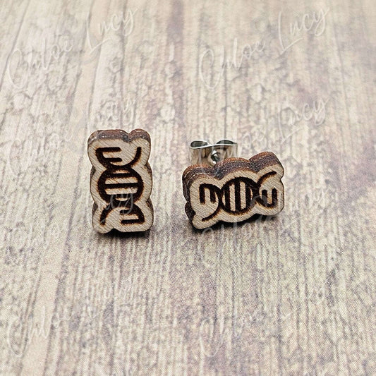 Wooden DNA Helix Stud Earrings, Science Biology Geek Accessory