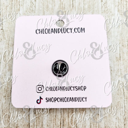 Black cat nose enamel pin on pink display card, cute animal accessory, gift idea