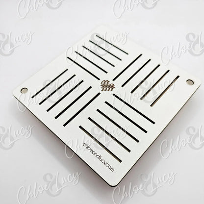 Laser cut acrylic jewelry display card with heart cutout and slot design, white background
