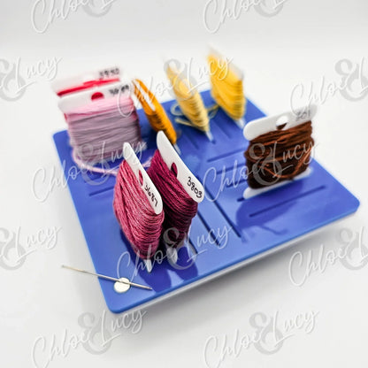 Embroidery floss organizer with colorful threads, plastic bobbins, and needle on blue tray