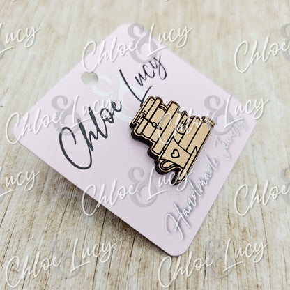 Wooden Books and Coffee Lapel Pin, Literary Reader Accessory