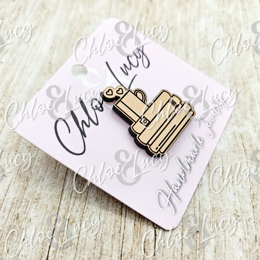 Books and a Drink | Lapel Pin | Book Lover | Tea Lover | Coffee Lover | Bookshelf Brooch | Cozy Reader Button | Wood Lapel Pin