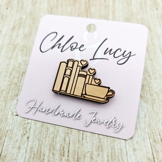 Books and Coffee | Lapel Pin | Book Lover | Tea Lover | Coffee Lover | Bookshelf Brooch | Cozy Reader Button | Wood Lapel Pin