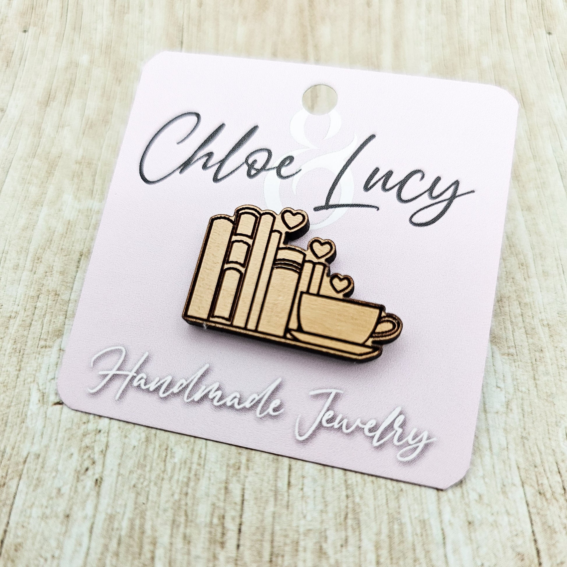 Books and Coffee | Lapel Pin | Book Lover | Tea Lover | Coffee Lover | Bookshelf Brooch | Cozy Reader Button | Wood Lapel Pin