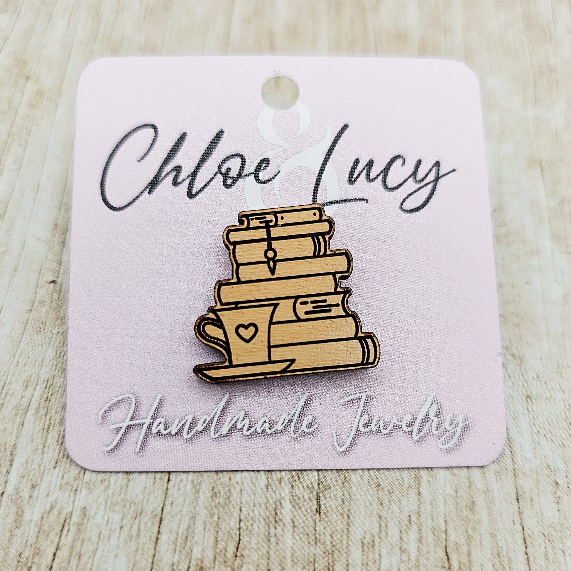 Wooden Books and Coffee Lapel Pin, Literary Reader Accessory