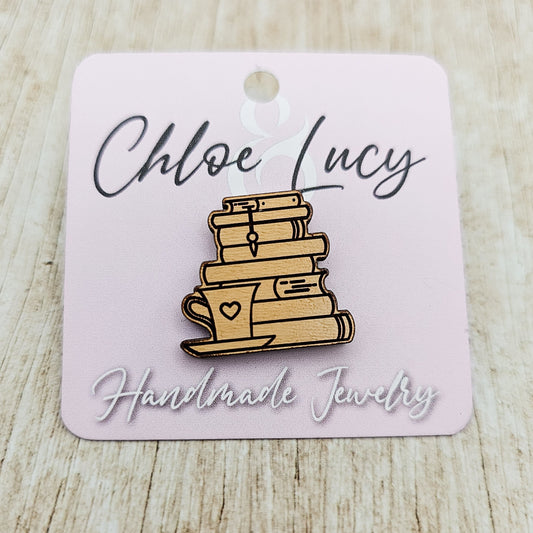Books and Tea | Lapel Pin | Book Lover | Tea Lover | Coffee Lover | Bookshelf Brooch | Cozy Reader Button | Wood Lapel Pin