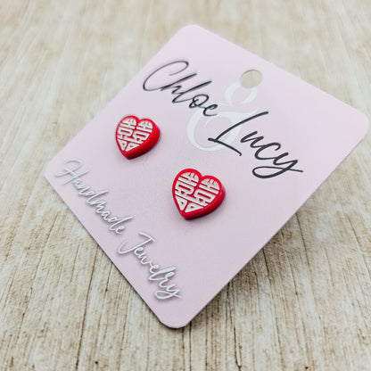 Double Happiness Heart Earrings | Chinese Marriage Symbol Studs | 囍 Double Happy Calligraphy